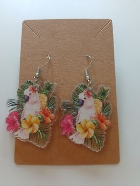 Fashion Jewelry Tropical Cockatoo Acrylic Earrings - Pink & Yellow